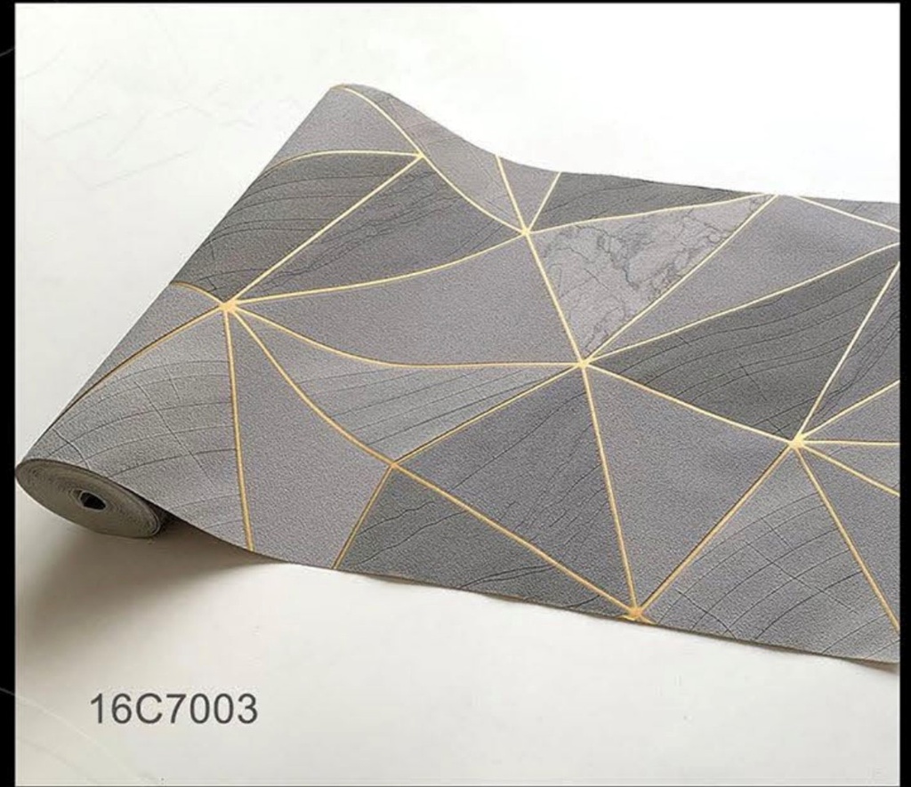 Papel tapiz geométrico gris azul líneas doradas 5.3mt2 16c7003