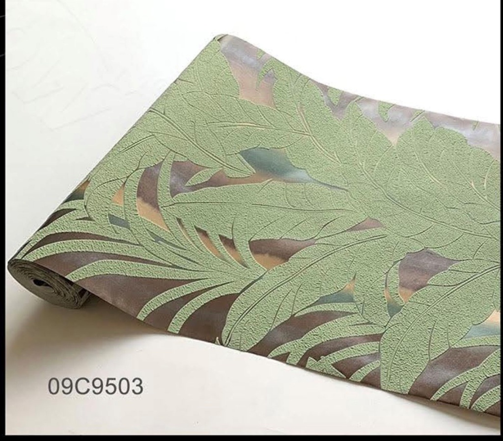 Papel Tapiz Textura 3D, Fondo café Hojas Verdes 0.53M X 10M 09C9503